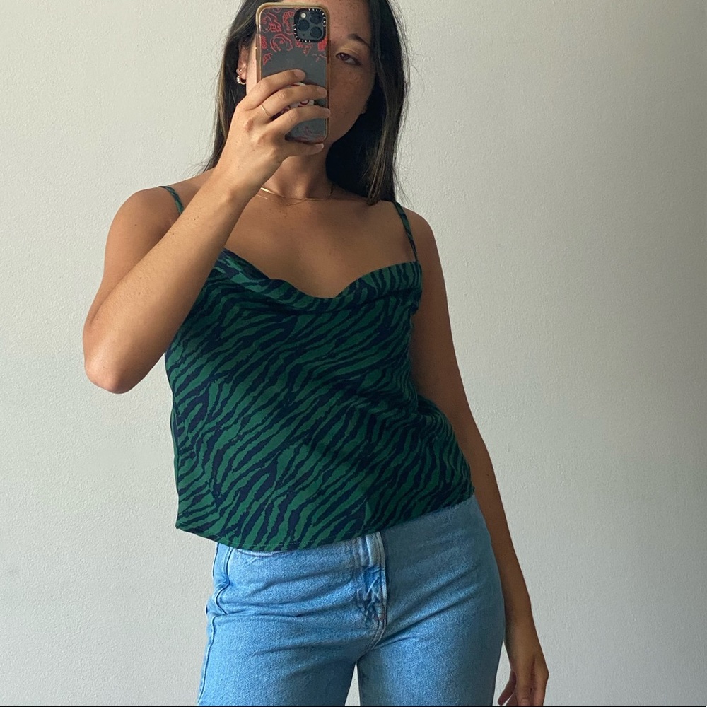 NastyGal green and black tiger print cowl neck tank, US 2